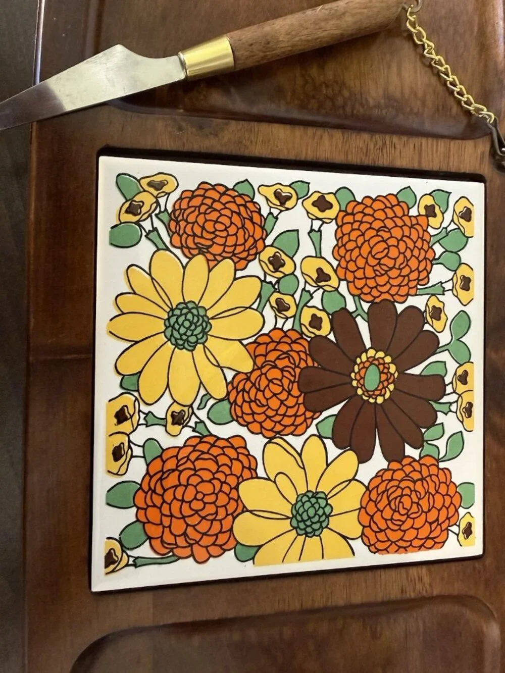 Vintage Gail Craft Wooden Cheese Board  Floral Center Trivet and Knife 1970's